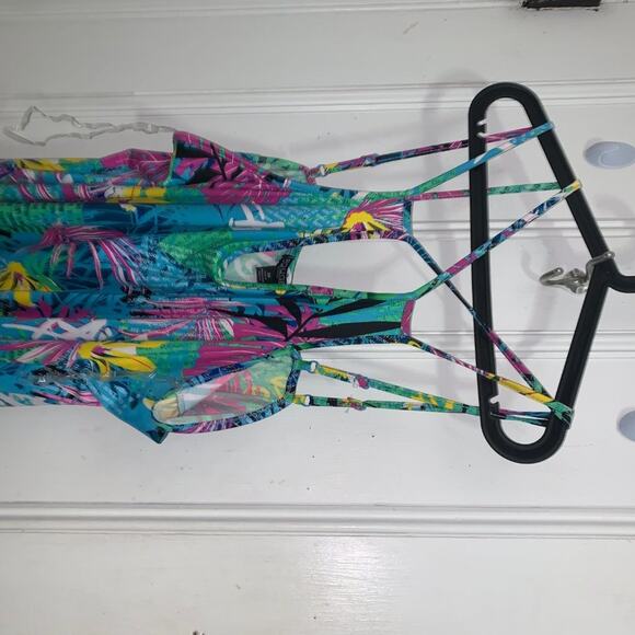 Blue Tropical Print Bodycon Midi Dress V neck Floral Plus Size - Picture 14 of 15